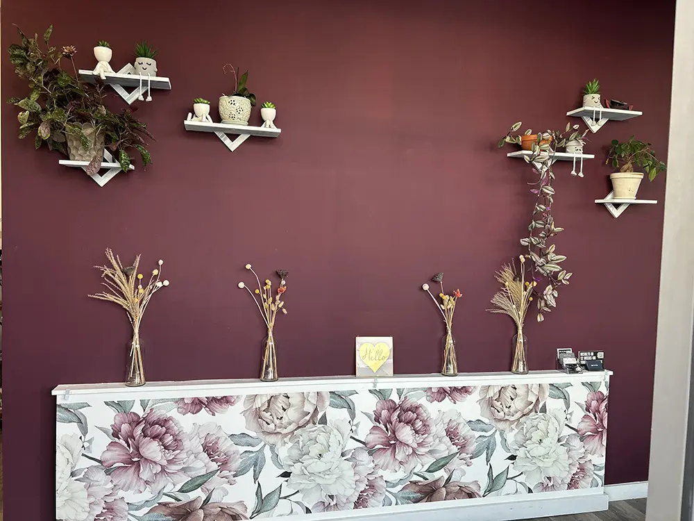 A maroon wall with floating shelves holding potted plants above a floral cabinet, which is topped with vases of dried flowers and a small sign. - Styles by Stacy - Poughkeepsie, NY
